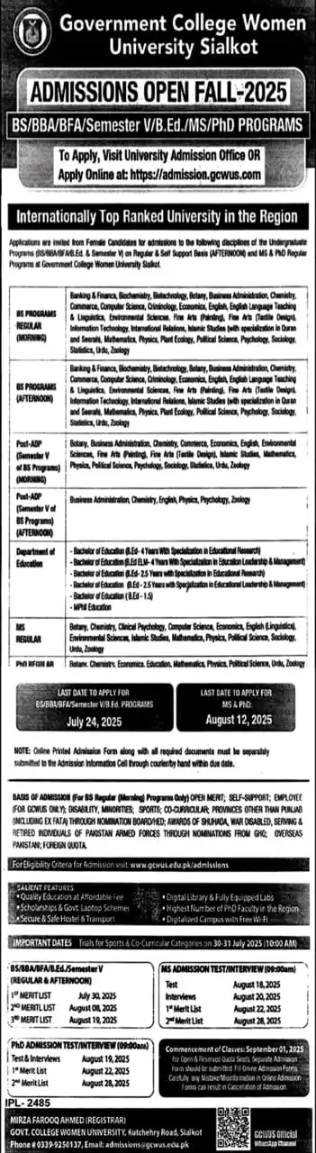 Image from Educational & Jobs News 📚: *🌀 Government College Women University, Sialkot (GCWUS)* Admissions F...