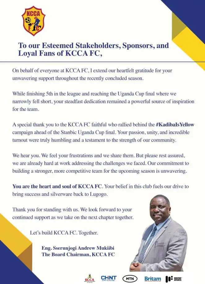 Image from KCCA FOOTBALL CLUB: A message from the Club Chairman, Eng. Sserunjogi Andrew Mukiibi to yo...