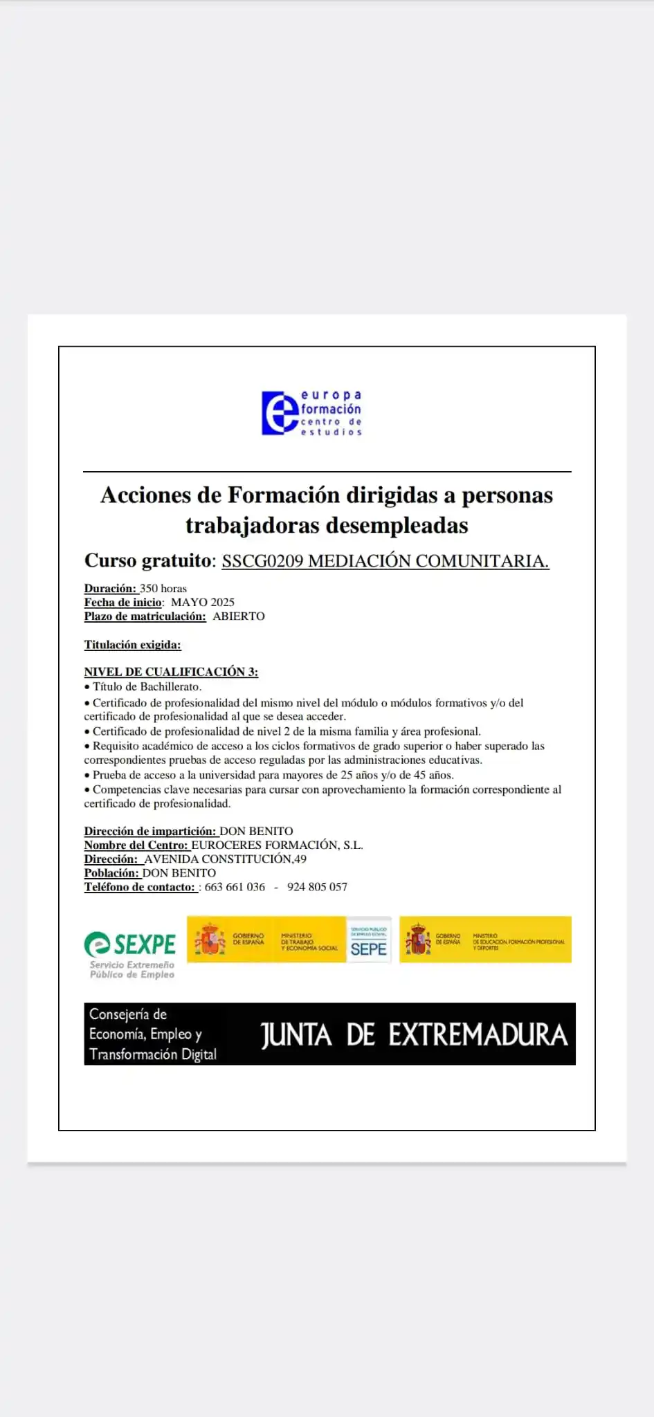 Image from Empleo Don Benito: Curso gratuito de Mediación Comunitaria. Más información en el cartel ...