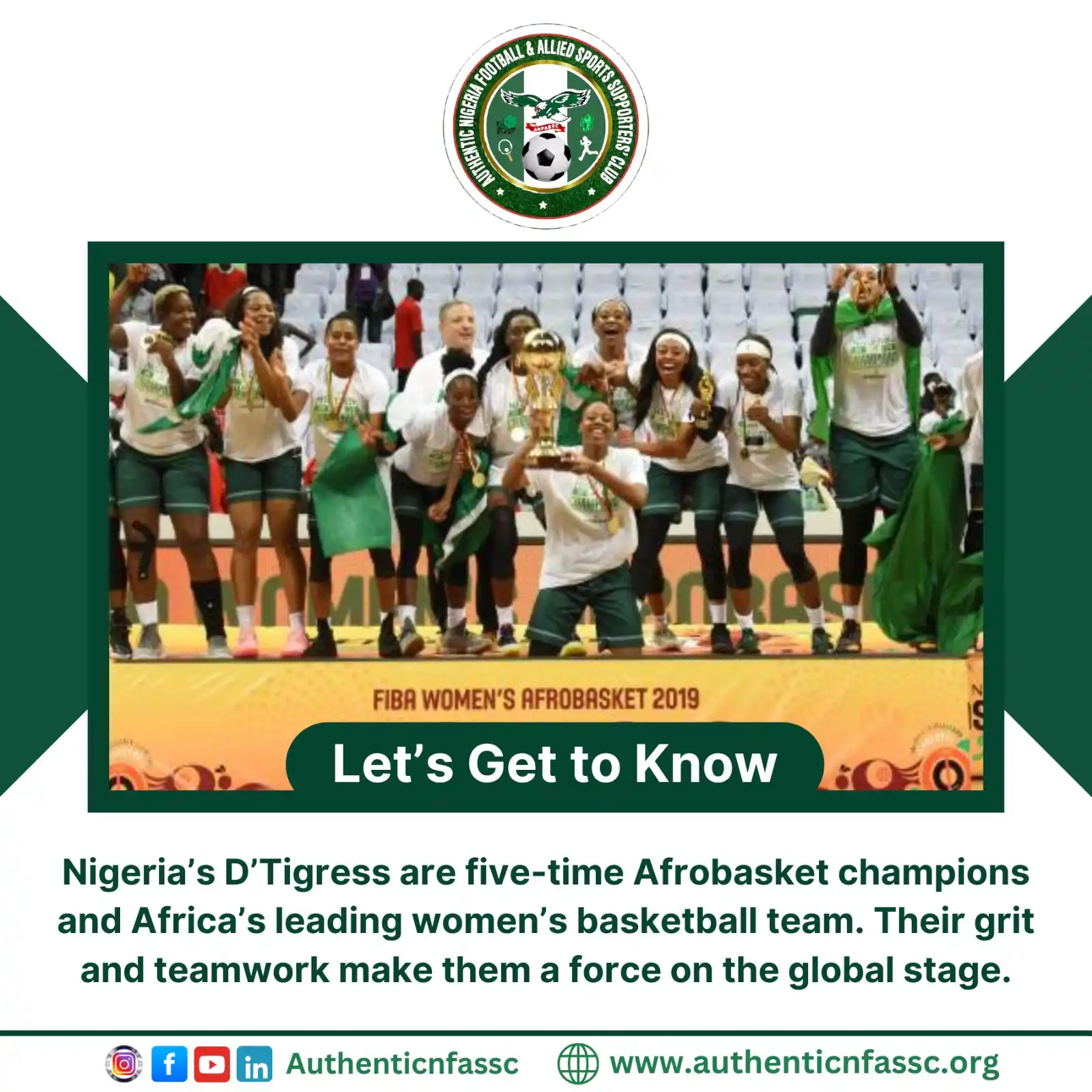 Image from Authentic Nigeria Football and Allied Sports Supporters Club.: Nigeria’s D’Tigress are five-time Afrobasket champions and widely rega...