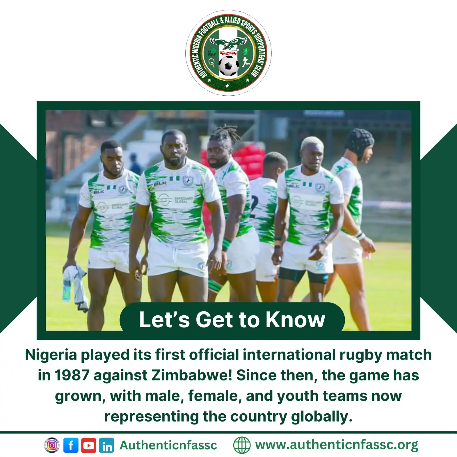 Image from Authentic Nigeria Football and Allied Sports Supporters Club.: Nigeria’s journey in international rugby kicked off in 1987 with a mat...