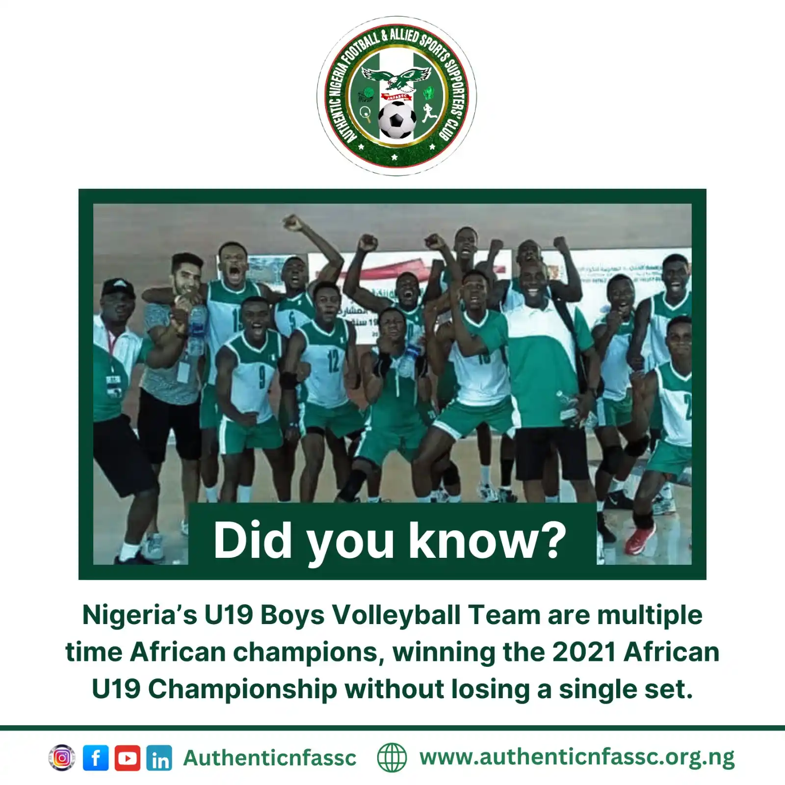 Image from Authentic Nigeria Football and Allied Sports Supporters Club.: Nigeria’s U19 Boys Volleyball Team didn’t just win the 2021 African U1...