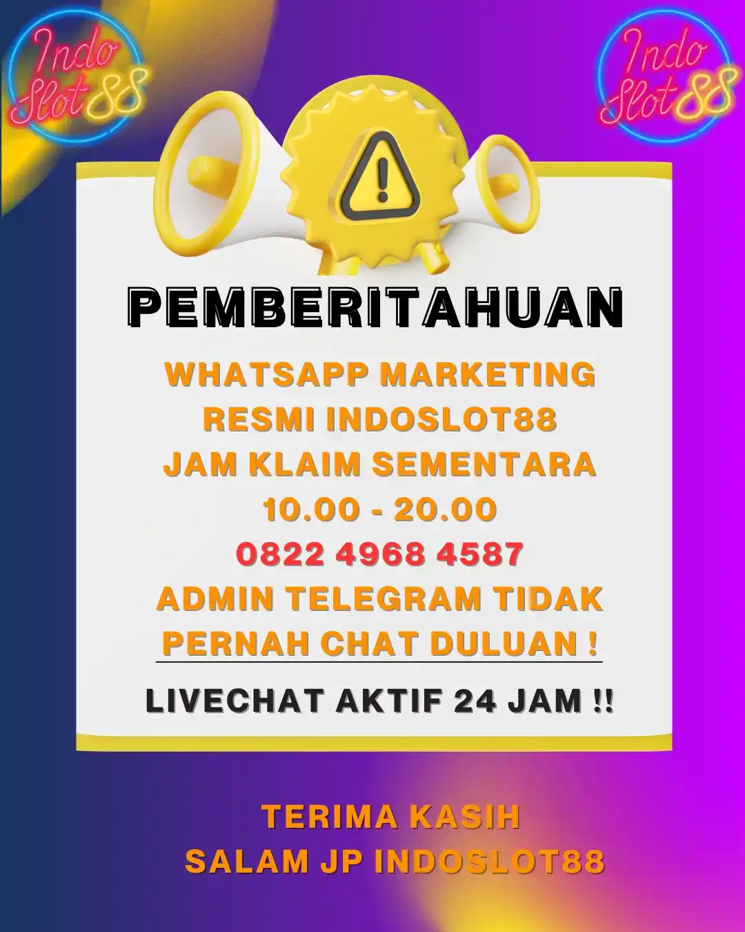 Image from POLA MAIN INDOSLOT88: 📢 PENGUMUMAN JAM OPERASIONAL SEMENTARA 📢 Kami informasikan bahwa te...
