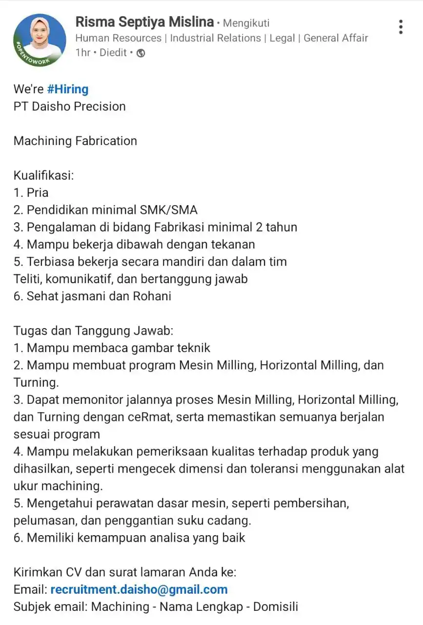 Image from INFO LOKER JABODETABEK & SEKITARNYA: *PT. DAIHSO PRECISION* Posisi : Machining Fabrication Lokasi : Bekasi...