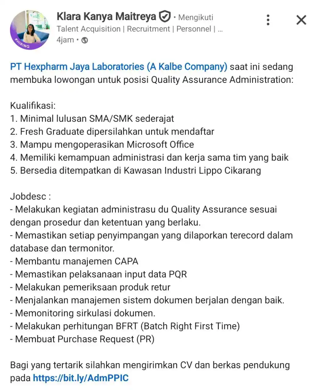 Image from INFO LOKER JABODETABEK & SEKITARNYA: *PT. HEXPHARM JAYA LABORATORIES* Posisi : Quality Assurance Administr...