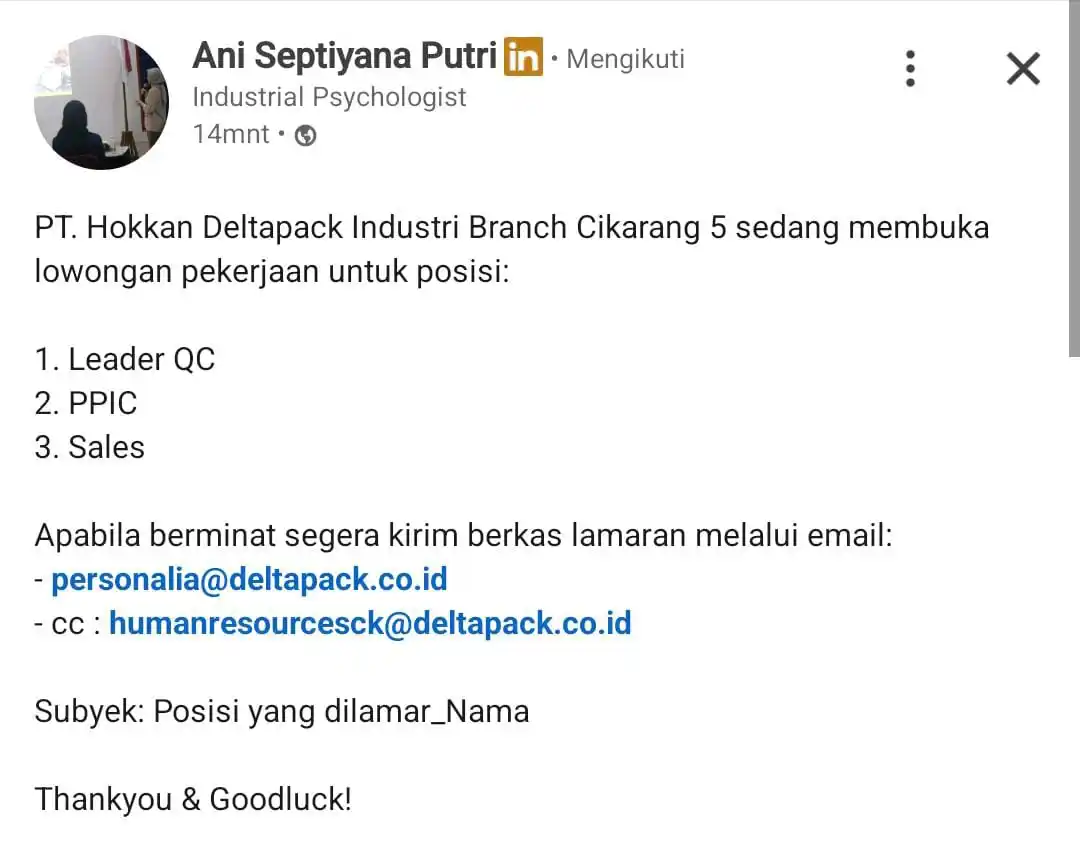 Image from INFO LOKER JABODETABEK & SEKITARNYA: *PT. HOKKAN DELTAPACK INDUSTRI* Posisi : * Leader QC * PPIC * Sales ...