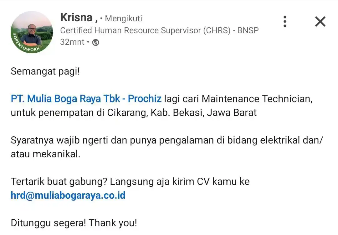 Image from INFO LOKER JABODETABEK & SEKITARNYA: *PT. MULIA BOGA RAYA TBK* Posisi : Maintenance Technician Lokasi : Be...