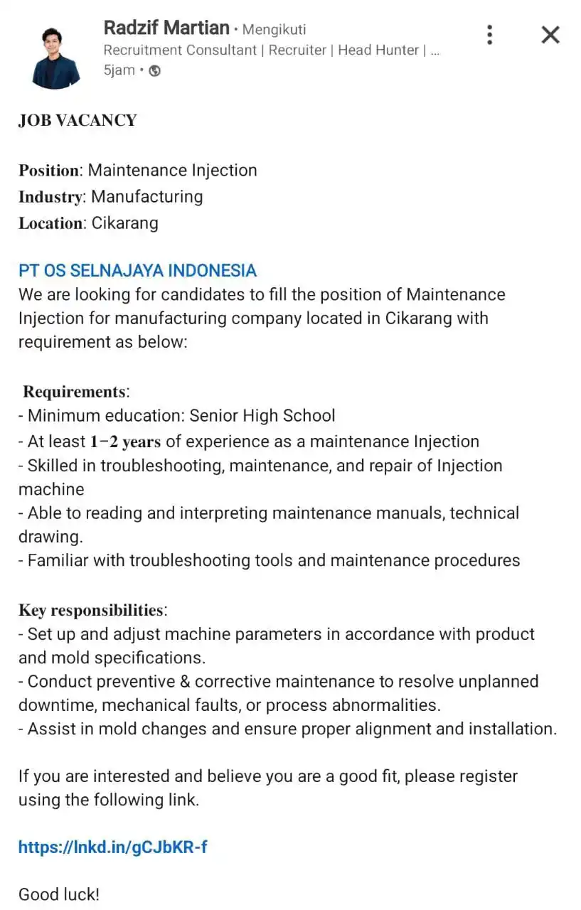 Image from INFO LOKER JABODETABEK & SEKITARNYA: *PT. OS SELNAJAYA INDONESIA* ( Outsourcing ) Posisi : Maintenance In...