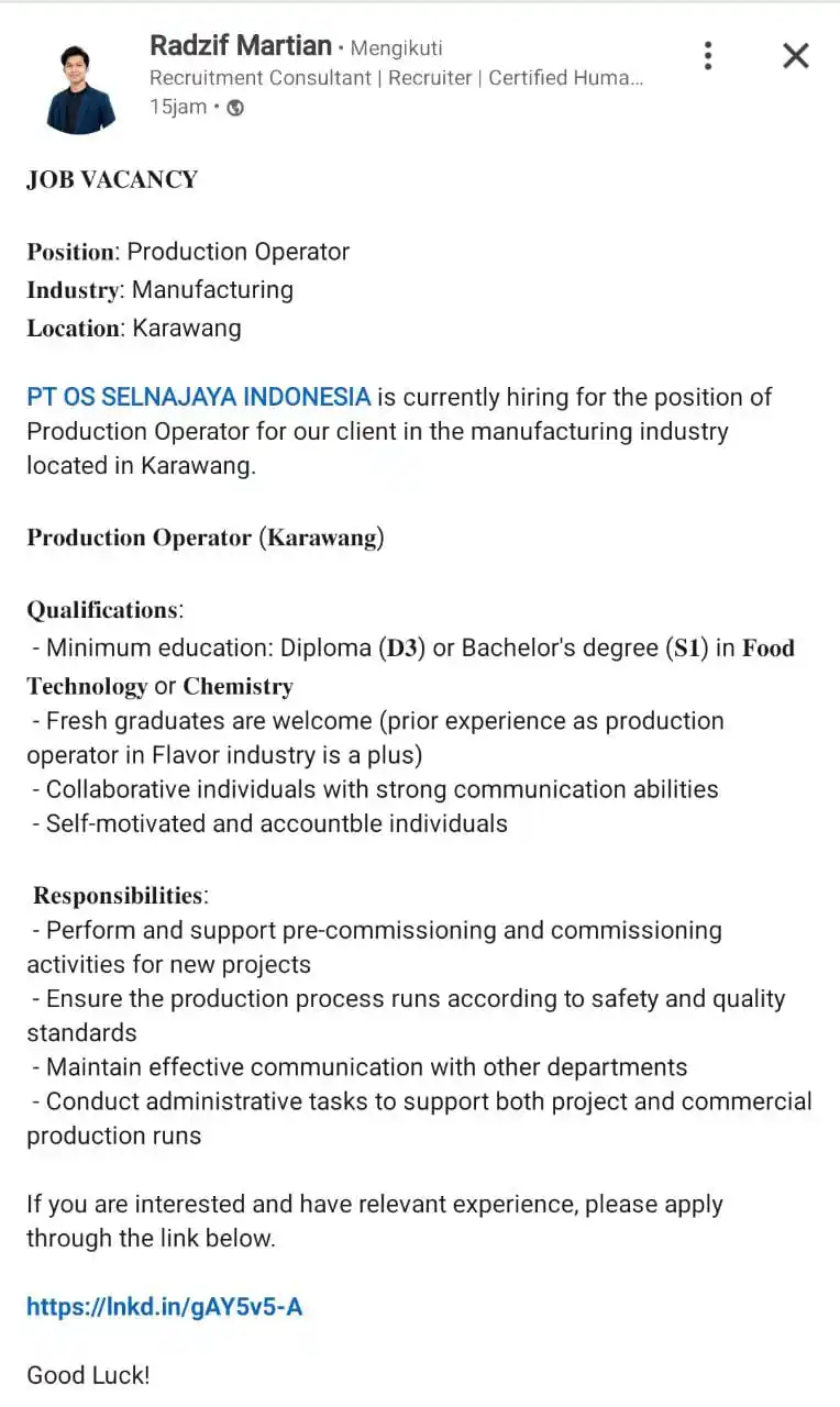 Image from INFO LOKER JABODETABEK & SEKITARNYA: *PT. OS SELNAJAYA INDONESIA* [ Outsourcing ]  Posisi : Operator Produk...
