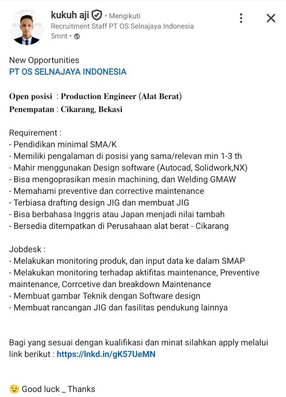 Image from INFO LOKER JABODETABEK & SEKITARNYA: *PT. OS SELNAJAYA INDONESIA* [ Outsourcing ]  Posisi : Production Engi...