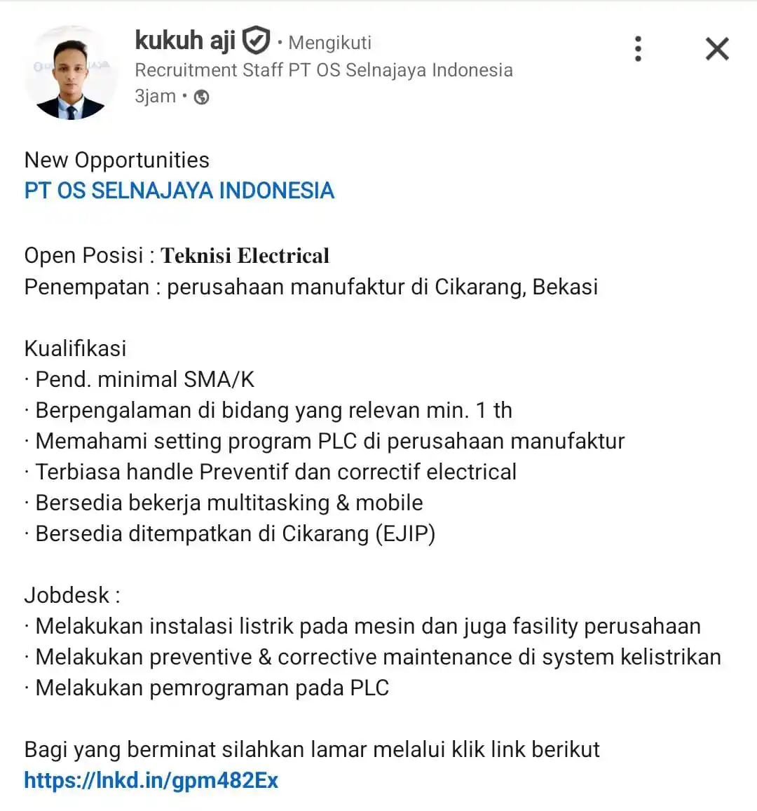 Image from INFO LOKER JABODETABEK & SEKITARNYA: *PT. OS SELNAJAYA INDONESIA* [ Outsourcing ]  Posisi : Teknisi Electri...