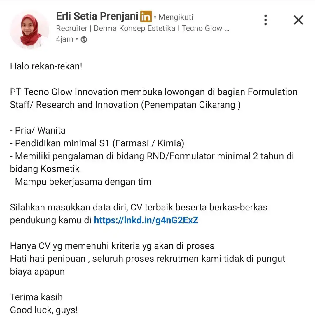 Image from INFO LOKER JABODETABEK & SEKITARNYA: *PT. TECNO GLOW INNOVATION* Posisi : Folmulation Staff Lokasi : Bekas...