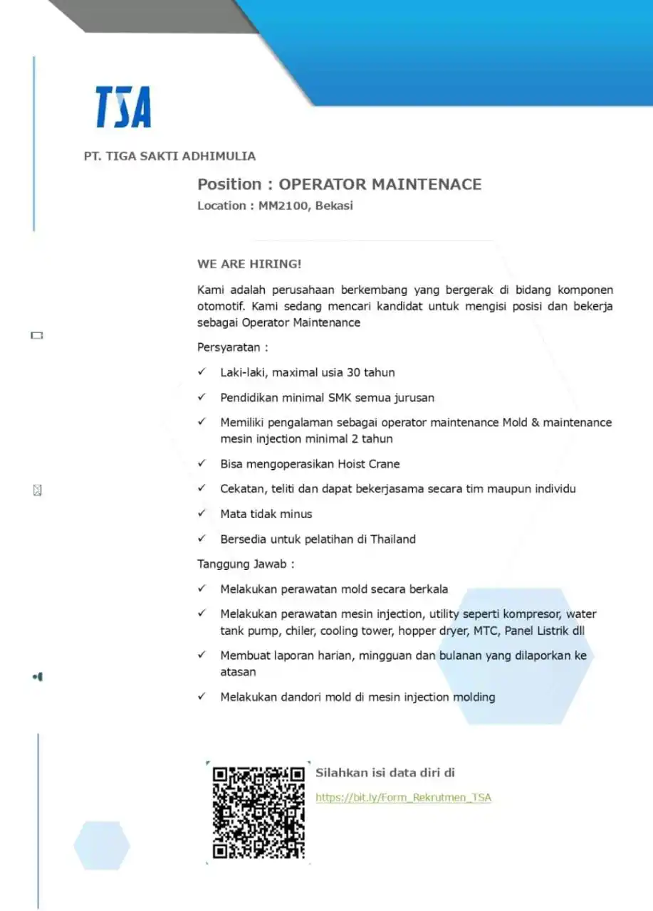 Image from INFO LOKER JABODETABEK & SEKITARNYA: *PT. TIGA SAKTI ADHIMULIA* Posisi : Operator Maintenance Lokasi : Bek...