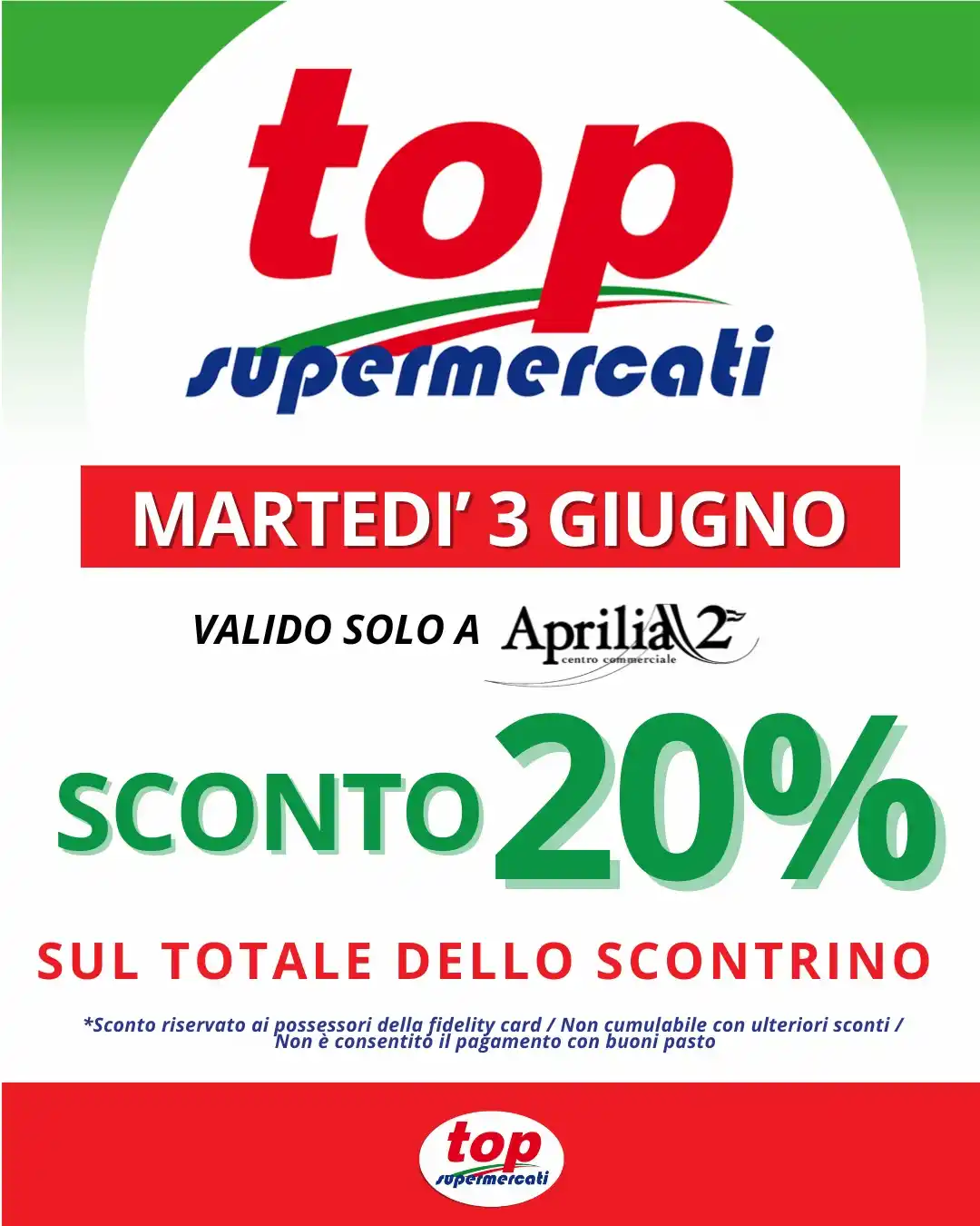Image from TOP Supermercati : Solo per oggi, nel nostro punto vendita di Aprilia2 , uno sconto escl...