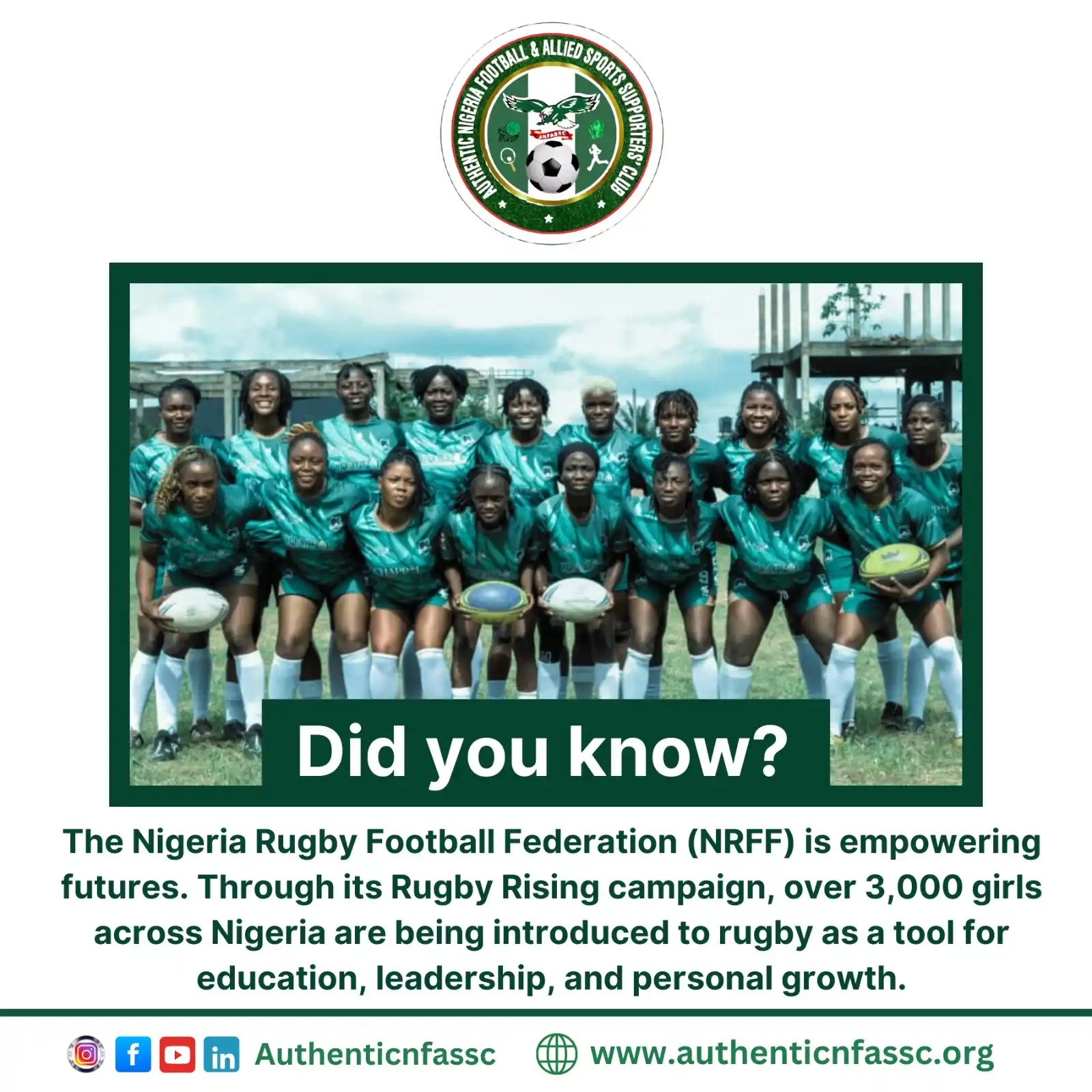 Image from Authentic Nigeria Football and Allied Sports Supporters Club.: This is more than rugby. This is transformation. 🏉🇳🇬 ANFASSC proud...