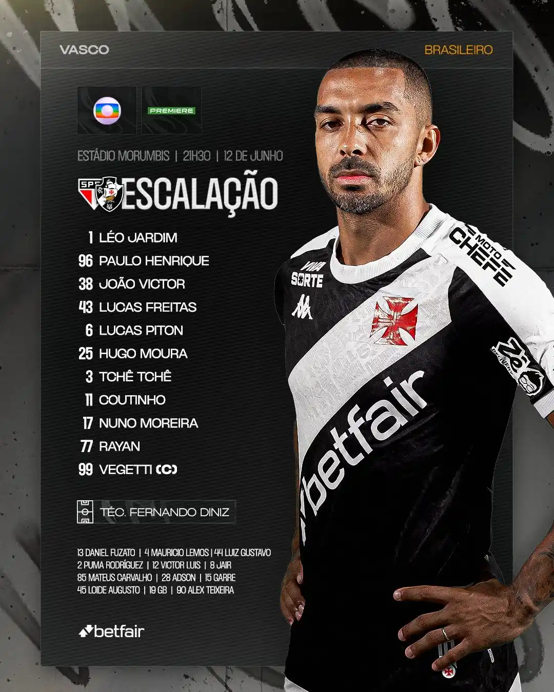 Image from Bolavip | Sou Vasco: Vasco escalado para enfrentar o São Paulo pelo Brasileirão Betano. �...