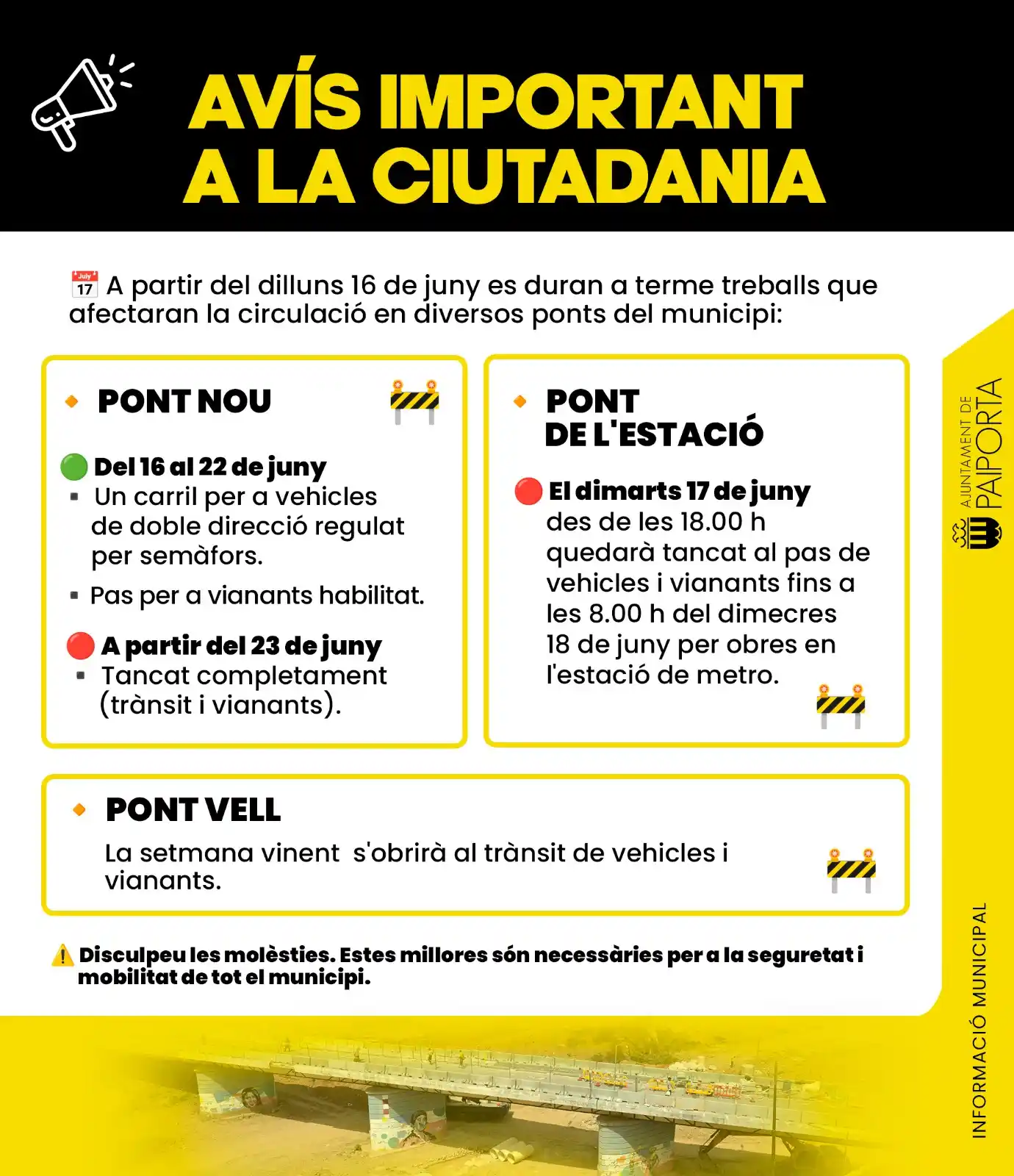 Image from Ajuntament de Paiporta: 📣 *AVÍS IMPORTANT A LA CIUTADANIA* 🚧 📅 A partir del dilluns 16 de ...