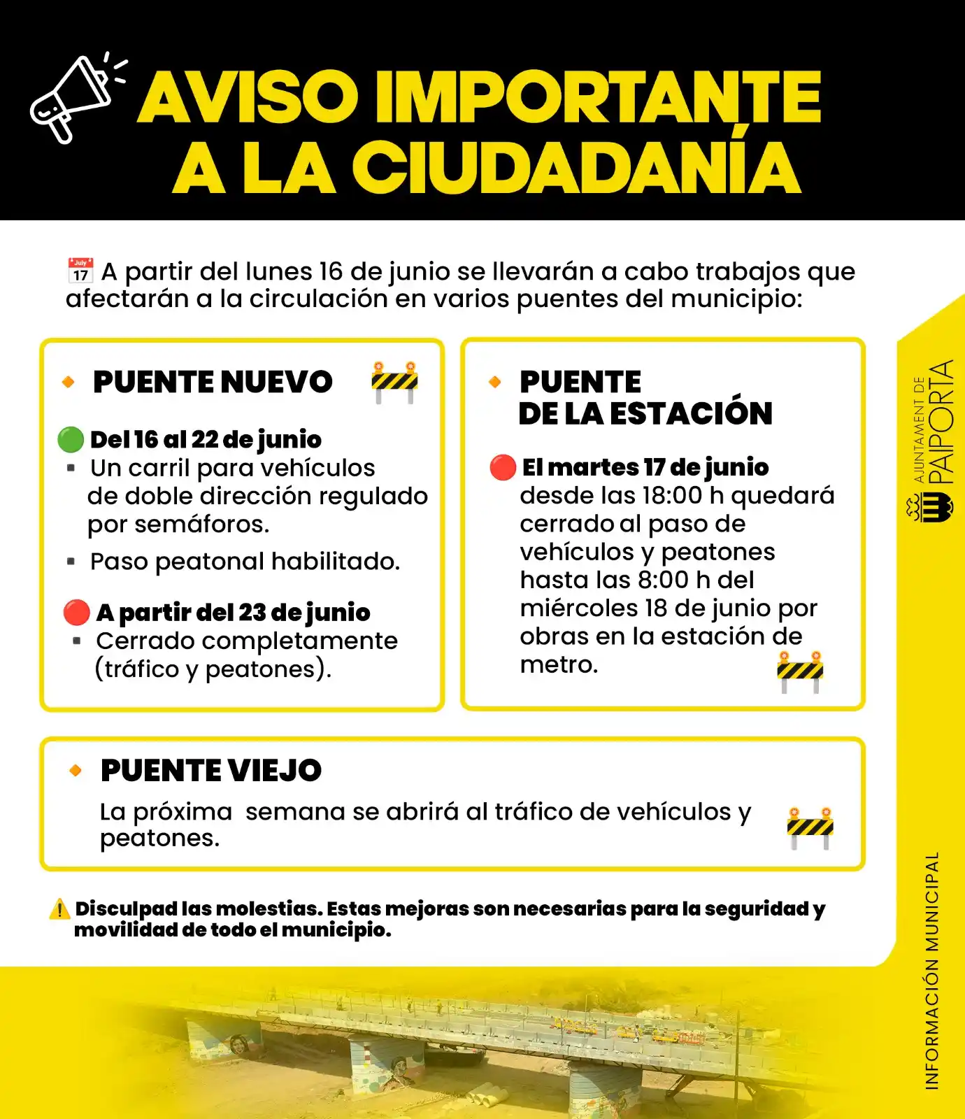 Image from Ajuntament de Paiporta: 📣 *AVISO IMPORTANTE A LA CIUDADANÍA* 🚧 📅 A partir del lunes 16 de ...