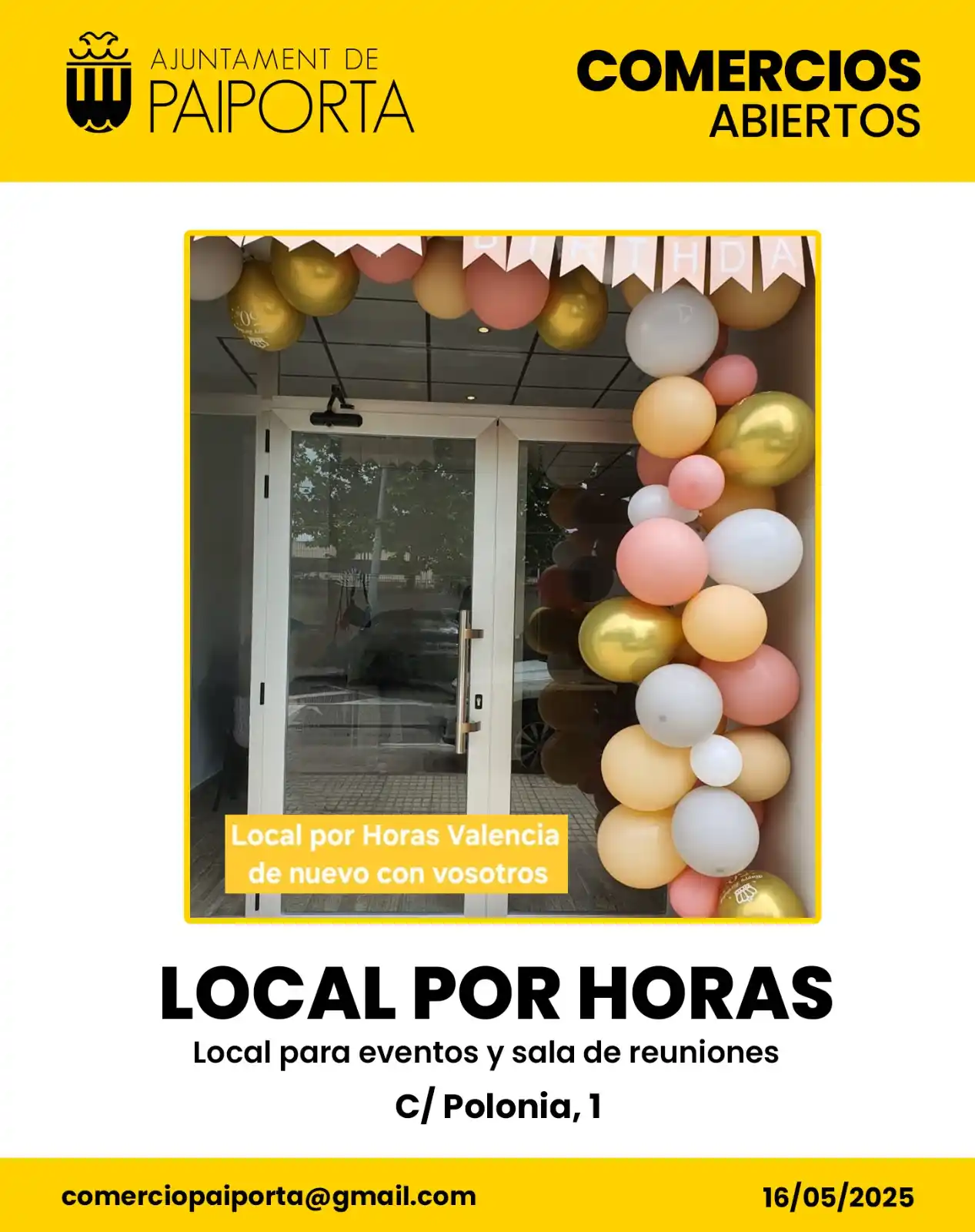 Image from Ajuntament de Paiporta: 🛍️ 📢 COMERCIOS ABIERTOS💪👏 🎊👥 *LOCAL POR HORAS* Local para event...