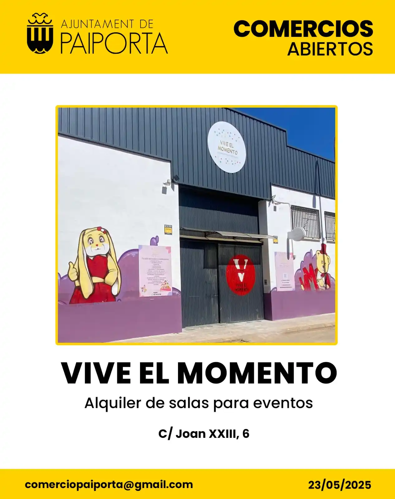 Image from Ajuntament de Paiporta: 🛍️ 📢 COMERCIOS ABIERTOS💪👏 🎊👥 *VIVE EL MOMENTO* Alquiler de sala...