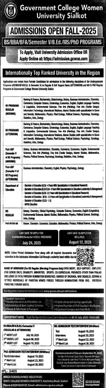 Image from EDUCATION JUNCTION: *Government College Women University, Sialkot (GCWUS)* Admissions Fall...