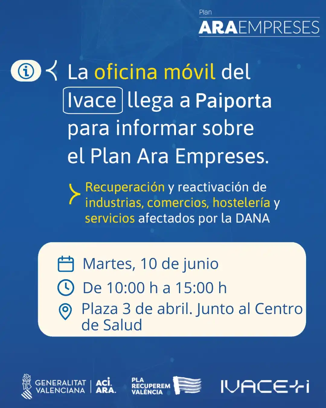 Image from Ajuntament de Paiporta: 📢 Oficina Mòbil de l'IVACE a Paiporta 📍 Plaça 3 d’Abril (junt al Cen...