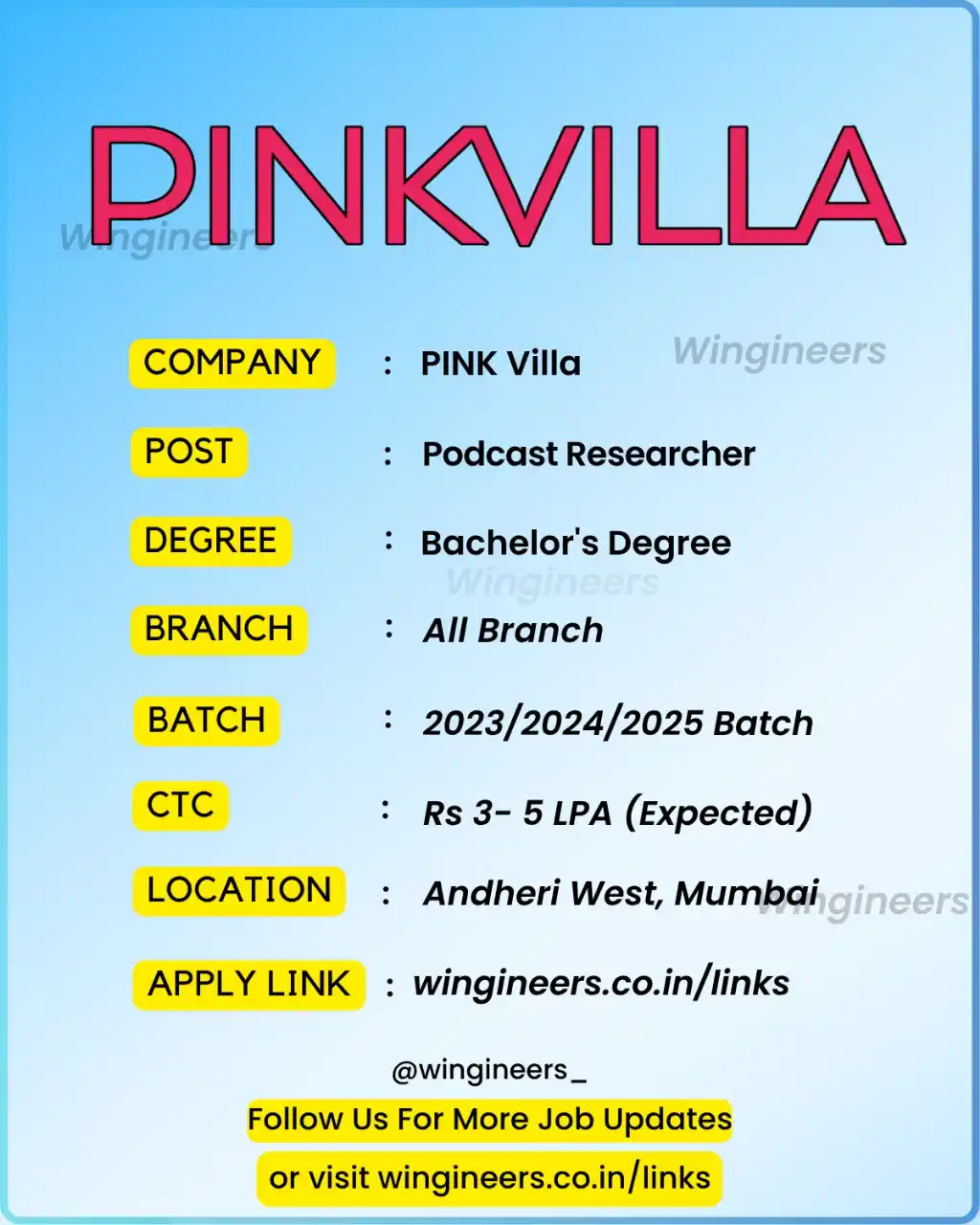 Image from Wingineer's Jobs Updates: 🎙️✨ Pinkvilla is Hiring – Podcast Researcher! If you're into Bollywoo...