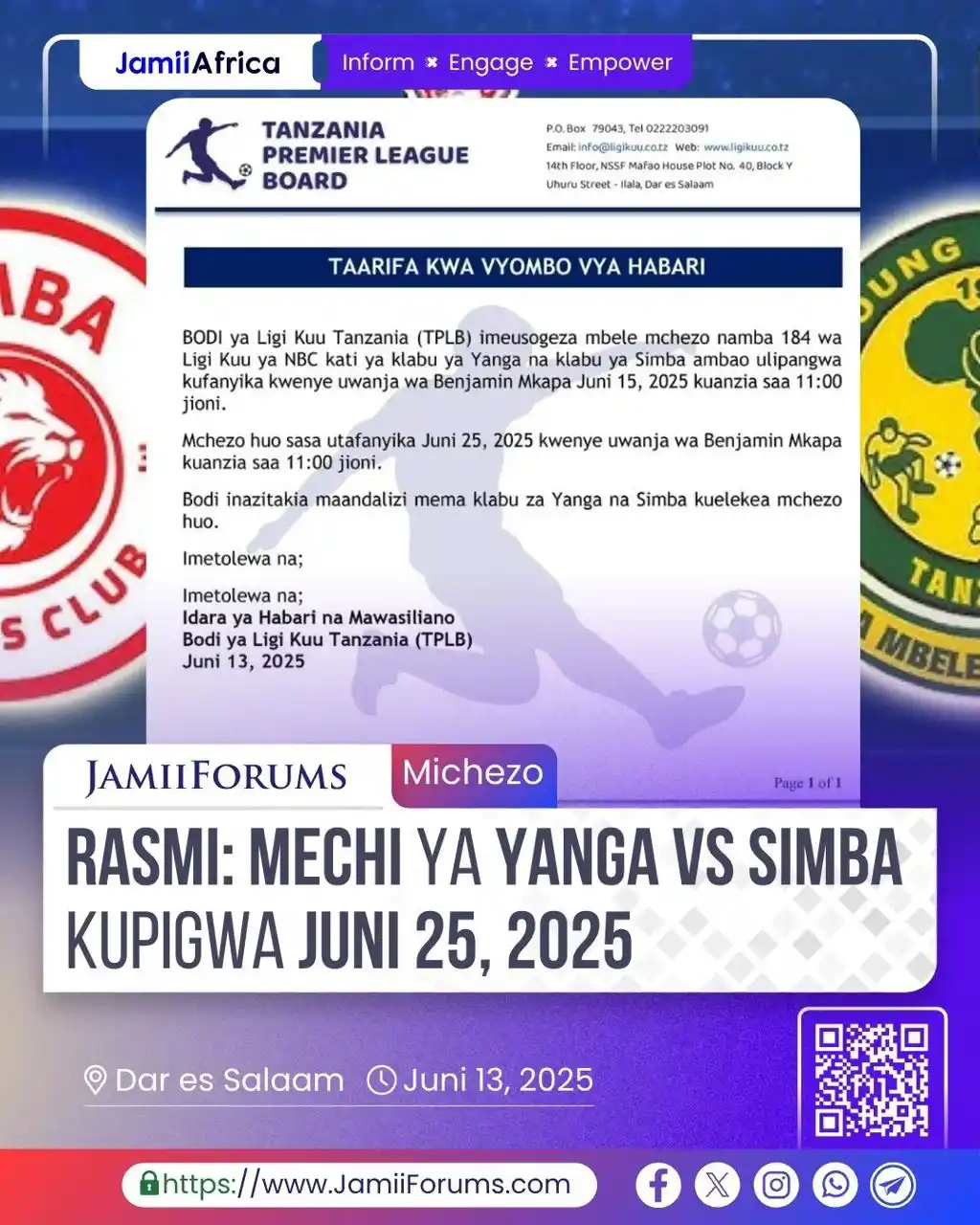 Image from JamiiForums: Bodi ya Ligi Kuu Tanzania (TPLB) imeusogeza mbele mchezo Namba 184 wa ...