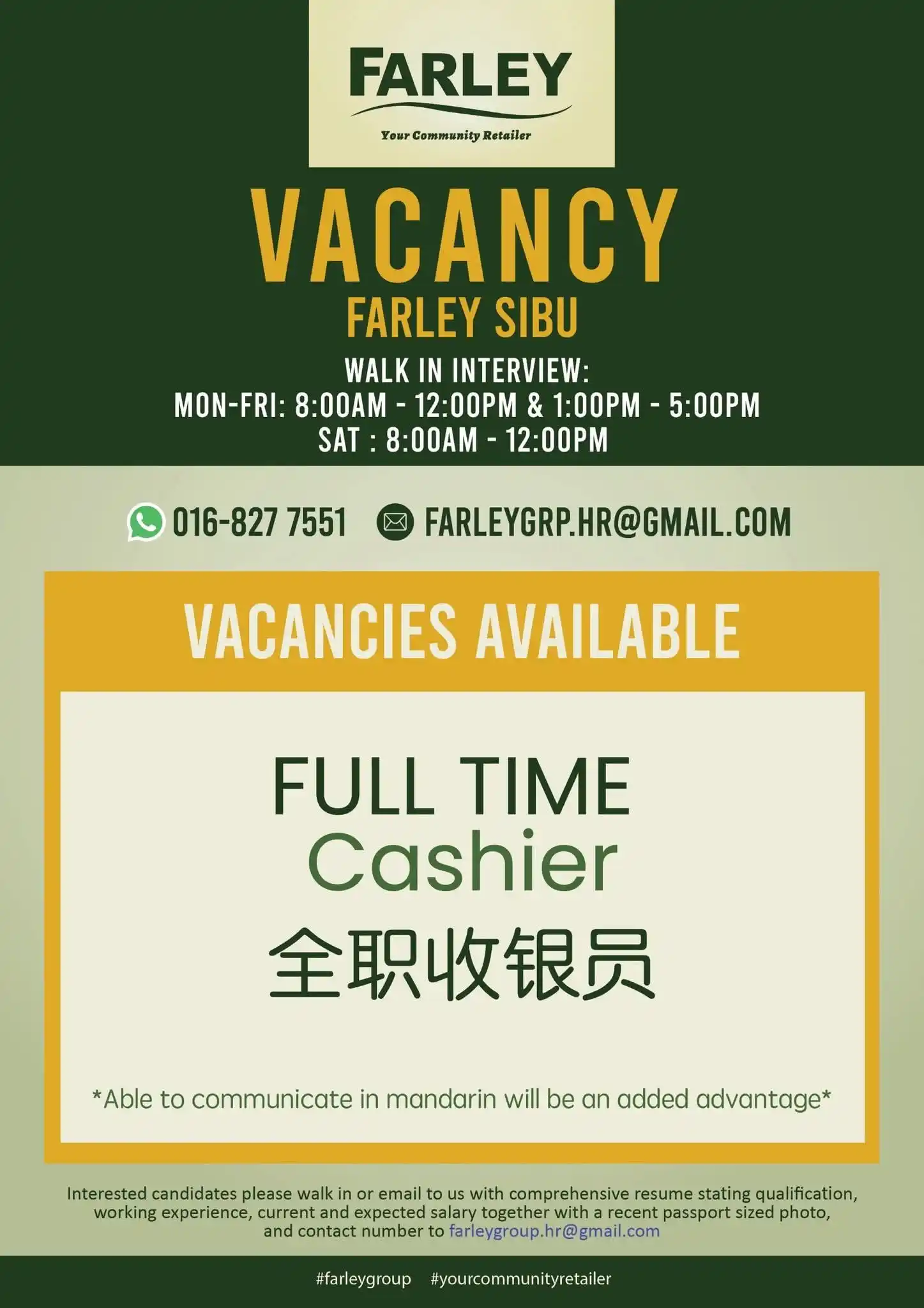 Image from Info Sibu: JAWATAN KOSONG FARLEY SIBU‼️ 📍Kuanter (Full Time) 📱016-8277551 ata...