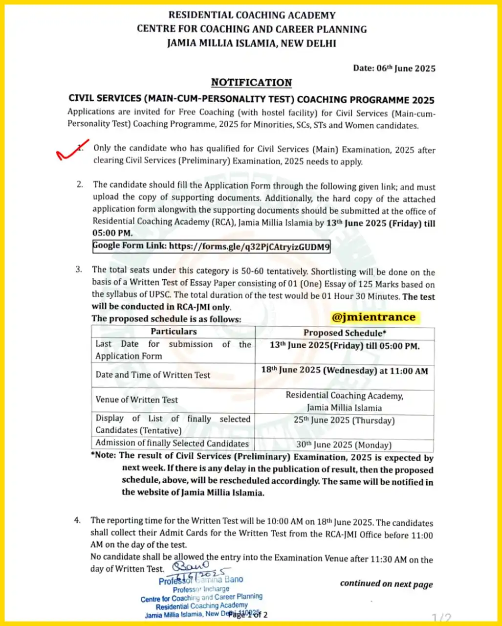 Image from Jmientrance - Jamia Millia Islamia: 📢 *RCA JMI | Civil Services (Main cum Personality Test) Coaching Pro...