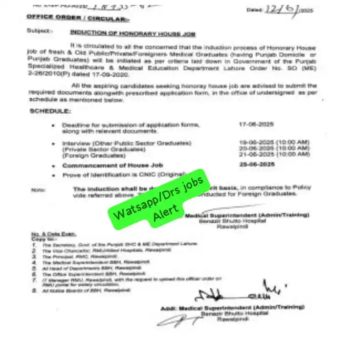 Image from DRs JOBs ALERT⛑🩺💊 Follow: Benazir Bhutto Hospital Rawalpindi House Officer Last Date: June 17, 2...