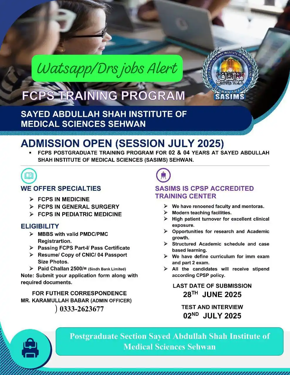 Image from DRs JOBs ALERT⛑🩺💊 Follow: 🎓 FCPS Training Program(July 2025) 📍 SASIMS , Sehwan ✅ Medicine | Ge...