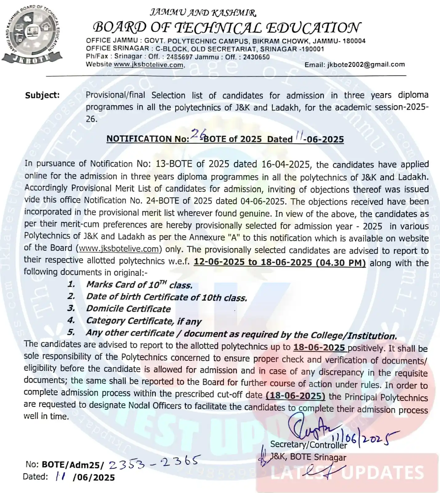 Image from #JkLatestUpdates: [J&K BOTE] . . >> Provisional Selection List of Admission in Polytechn...