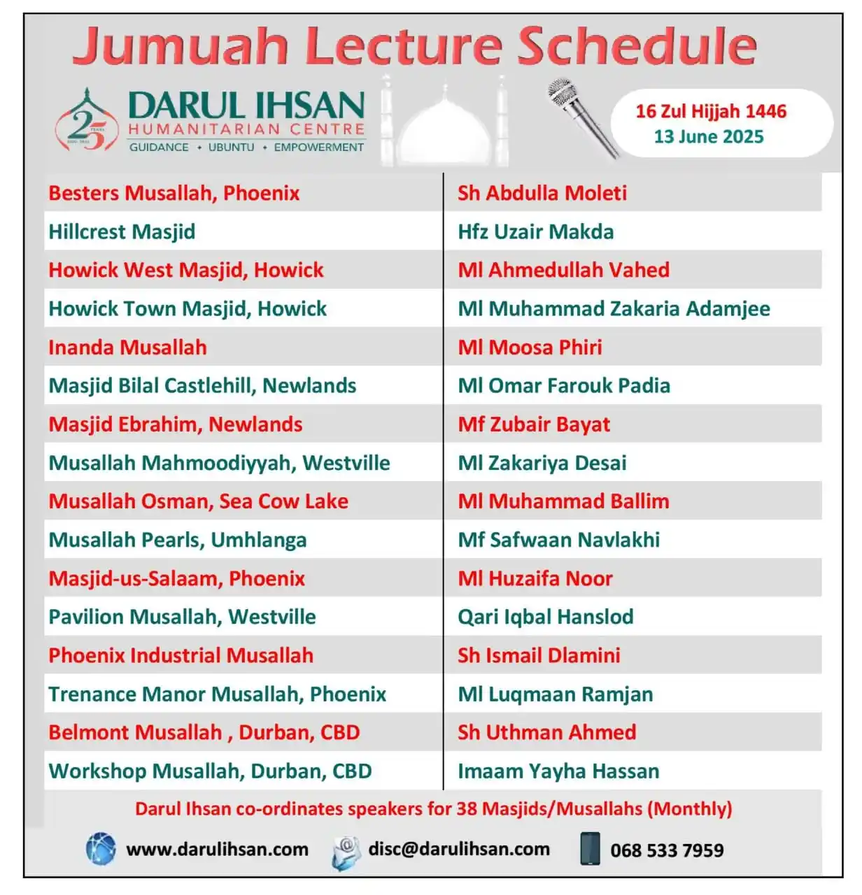Image from Darul Ihsan Humanitarian Centre: 🔹 *Jumuah Lecture Schedule*🔹 ✨ _By Darul Ihsan_✨ 🗓️ *_Friday, 13t...
