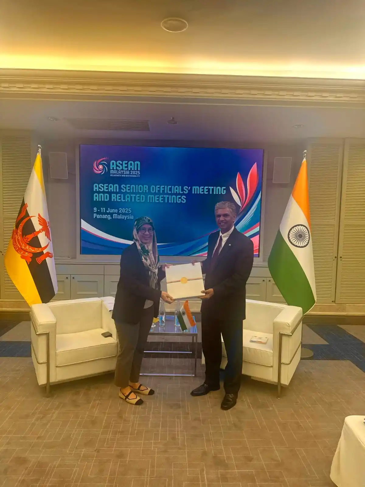 Image from Ministry of External Affairs, India: Secretary (East) P. Kumaran met Ms. Hajah Johariah Binti Abdul Wahab, ...