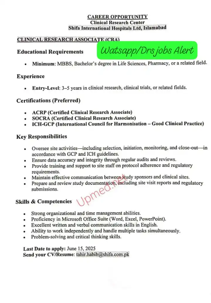 Image from DRs JOBs ALERT⛑🩺💊 Follow: Shifa International Hospital Ltd Islamabad Clinical Research Associate...