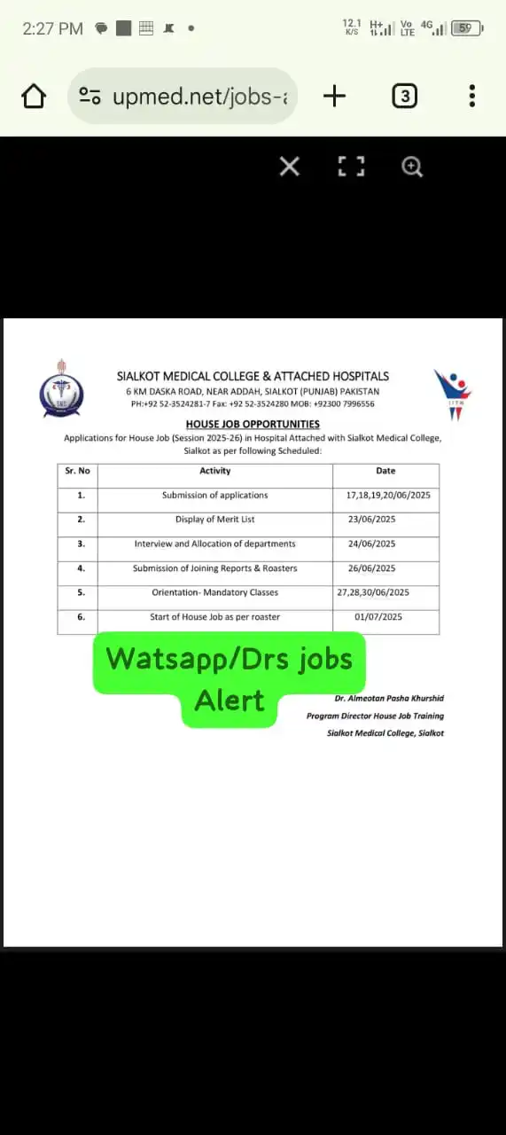 Image from DRs JOBs ALERT⛑🩺💊 Follow: Sialkot Medical College Sialkot House Officer Last Date: June 20, 2025...
