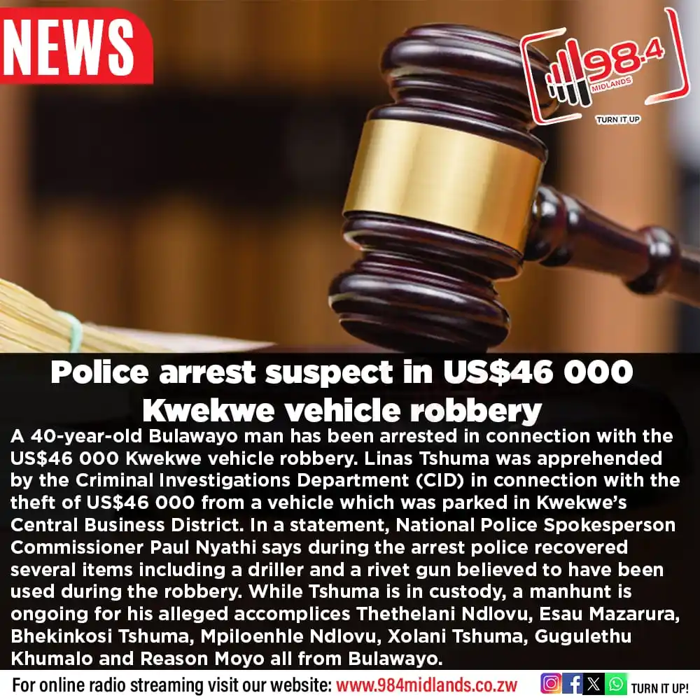 Image from 98.4 MIDLANDS: A 40-year-old Bulawayo man has been arrested in connection with the US...
