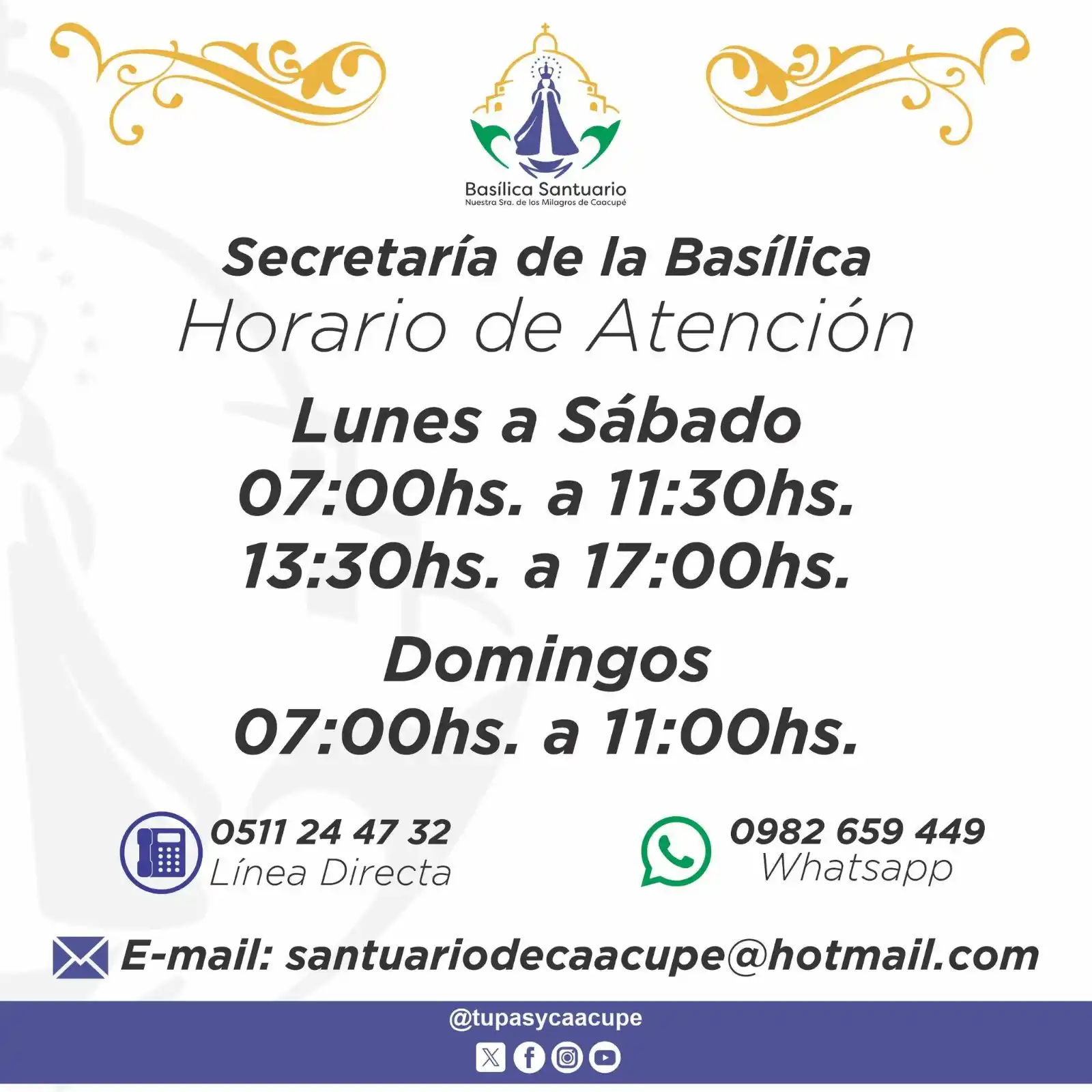 Image from Tupãsy Caacupé Tv: *Horario de Atención de Secretaría. 🔵🟡🟢* *y Líneas Telefónicas para...