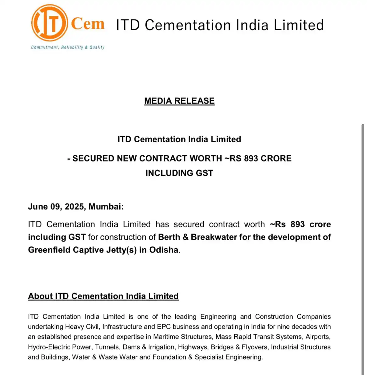 Image from Short To Mid Term of Stock Market: ITD CEMENTATION HAS SECURED A NEW CONTRACT WORTH 893 CRORES ✅ <a clas...