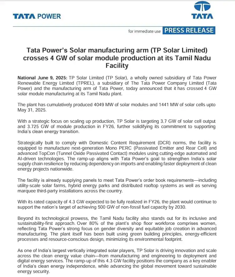 Image from Short To Mid Term of Stock Market: TATA POWER’S SOLAR MANUFACTURING ARM CROSSES 4 GW OF SOLAR MODULE PROD...