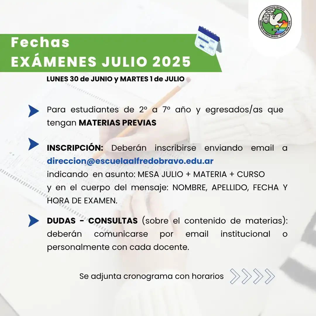 Image from Instituto Técnico Maestro Alfredo Bravo: Buenos días Familias! ▶️ Les acercamos el *cronograma de mesas de ex...