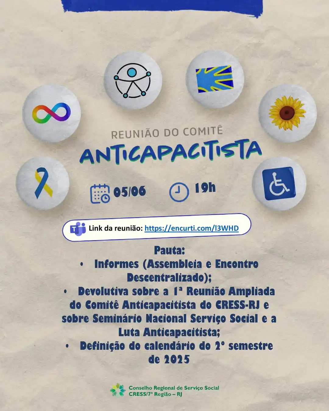 Image from Serviço Social: Comitê Anticapacitista Reunião 5 de junho - 19h Pauta: • Informes (As...