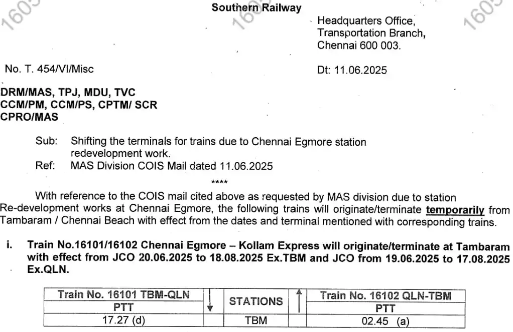 Image from Rajapalayam Rail Users Association®: *இராஜபாளையம் வழி சென்னை இரயில் தற்காலிகமாக தாம்பரத்தில் இருந்து இயங்கு...
