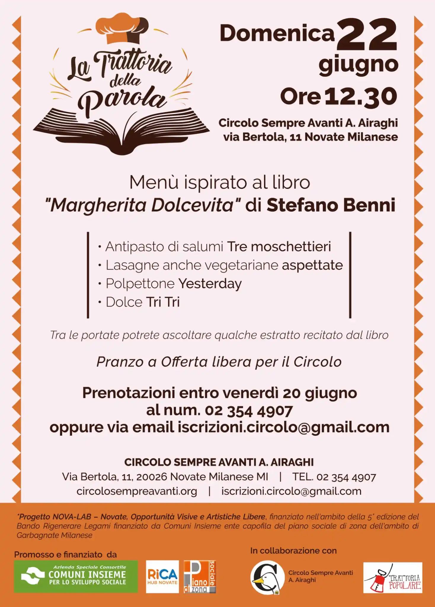 Image from Circolo Sempre Avanti Angelo Airaghi: *La trattoria della parola* *Domenica 22 giugno* Vieni al Circolo per...