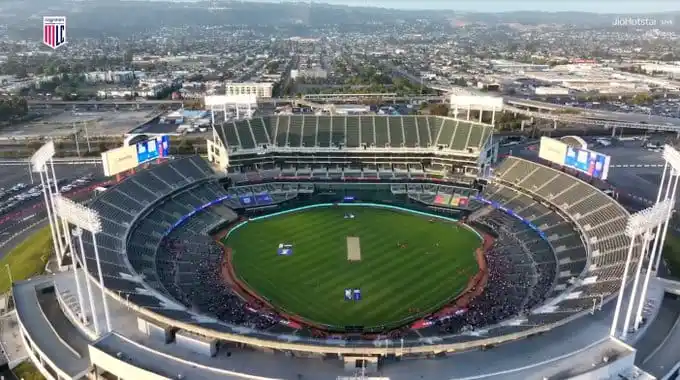 Image from World Cricket Updates: Oakland Coliseum Stadium in California! 👀 📷 JioHotstar...