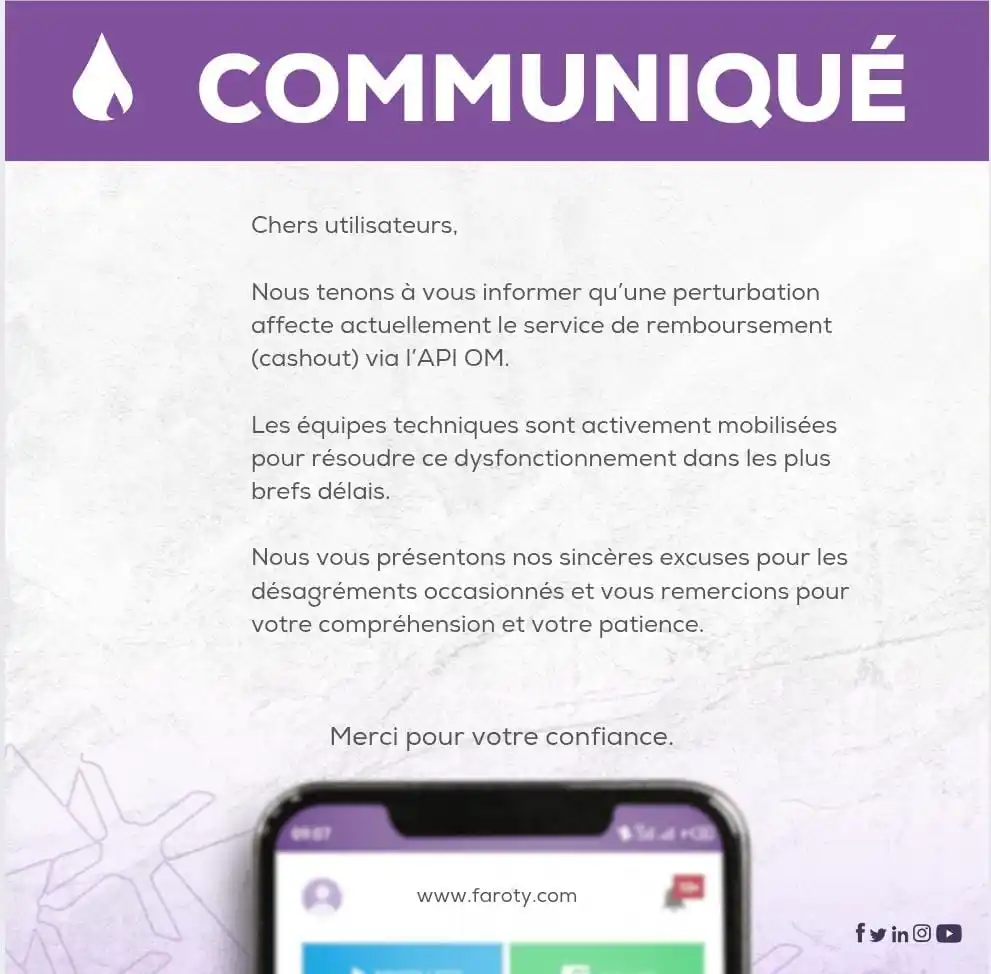Image from Faroty: 🛑 Perturbation en cours  Le service de remboursement OM est momentané...