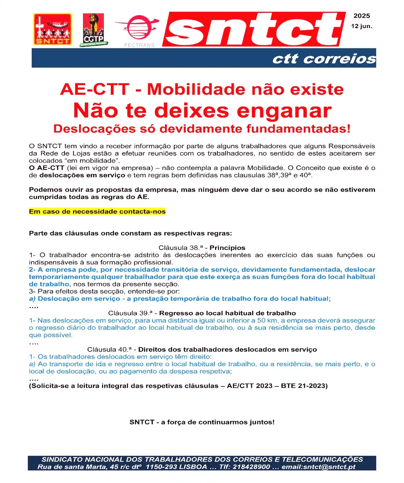 Image from FECTRANS: AE-CTT - Mobilidade não existe O SNTCT/FECTRANS tem vindo a receber i...