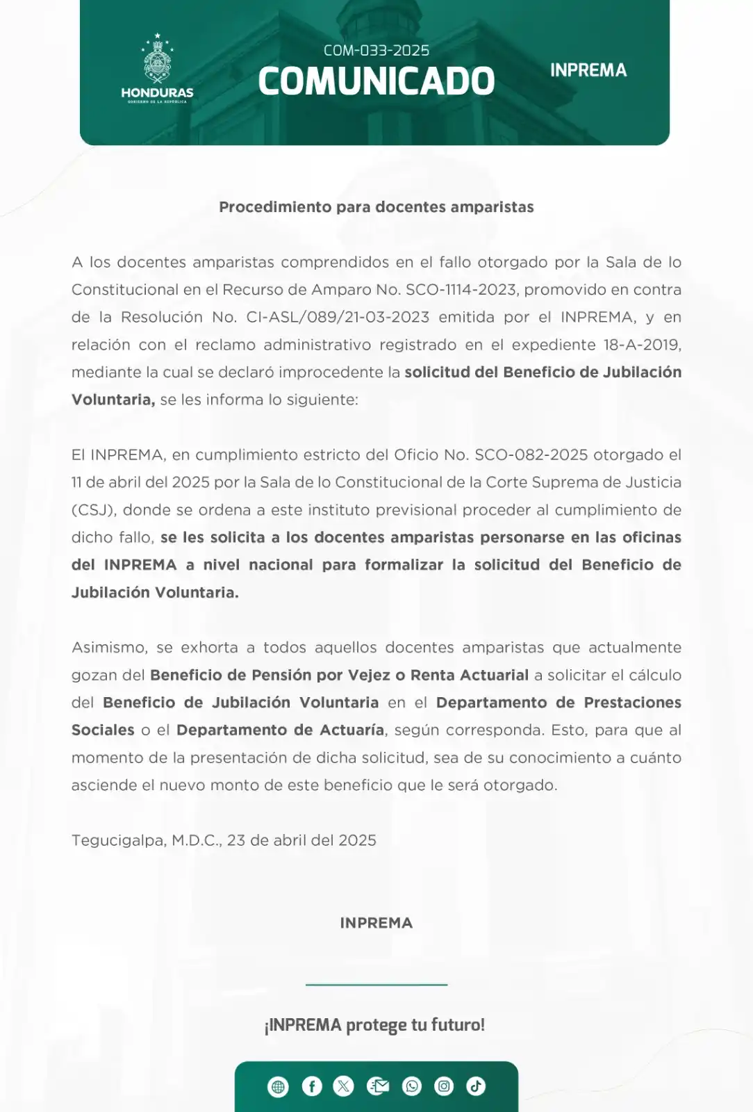 Image from INPREMA protege tu futuro: Atención docentes amparistas bajo el recurso No. SCO-1114-2023...
