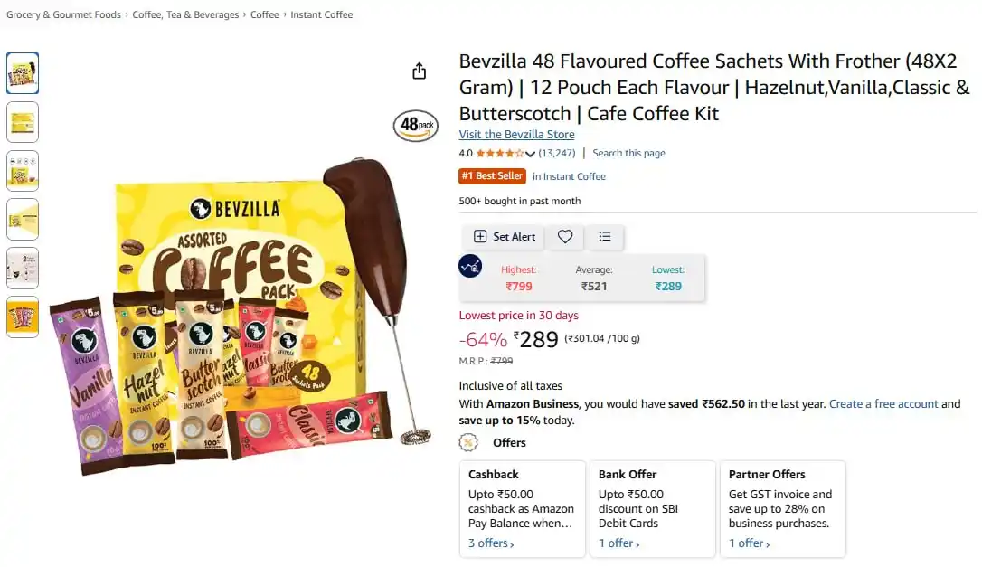 Image from DealsSpy Deals @ WhatsApp: *🔥 ️Bevzilla 48 Coffee Sachets + Frother Kit @ ₹289*  🔗 dealsspy.com...